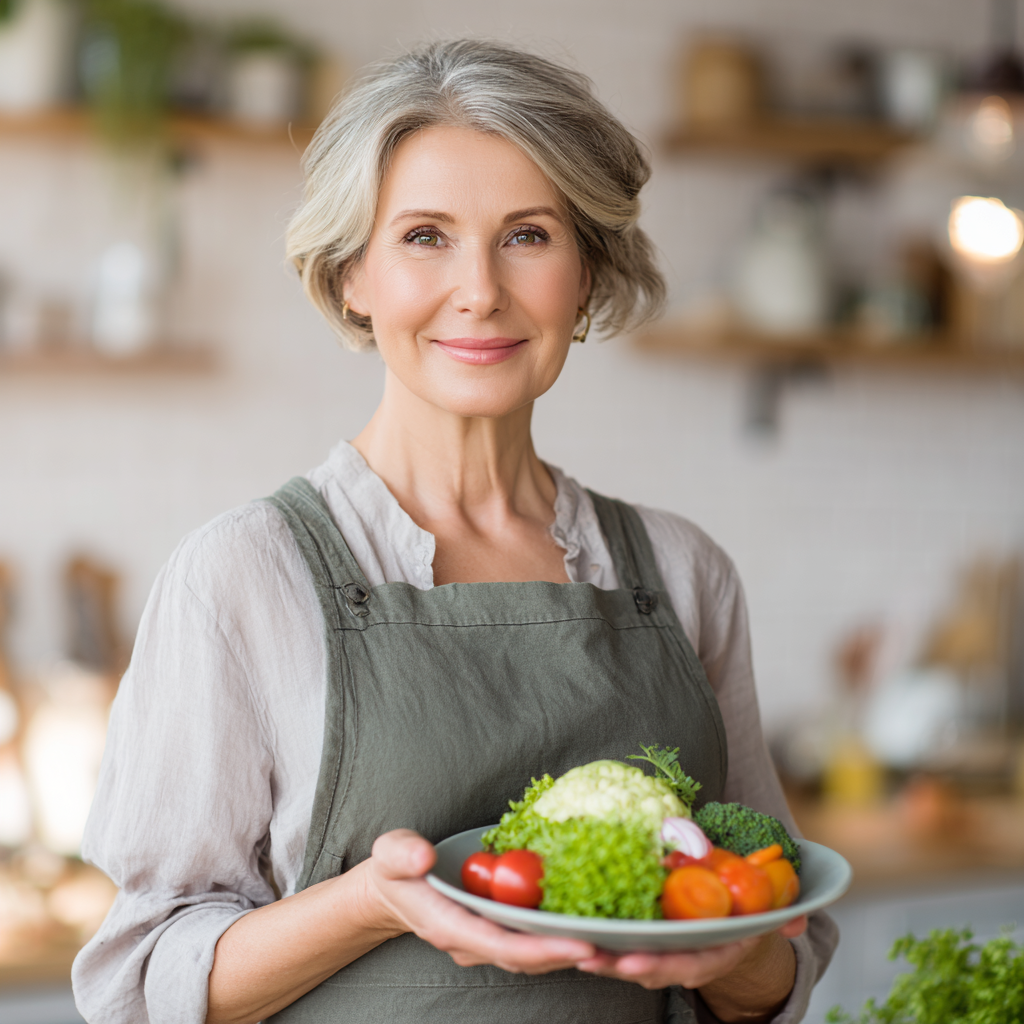Група усмихнати българи от различни възрасти седящи около маса с разнообразни здравословни ястия и свежи съставки